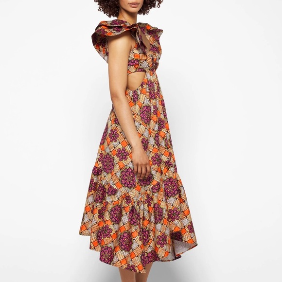 Autumn Adeigbo Cut Out Midi Chioma Ruffle Dress in Orange Base African Floral - Picture 6 of 11
